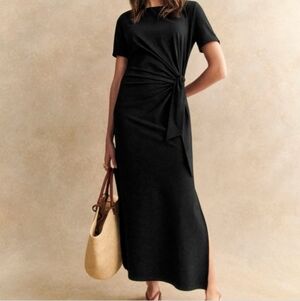 Sezane Pippa Black Maxi Dress Side Tie Detail Slits Organic Cotton Size Large